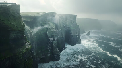 Famous Cliffs of Moher in County Clare Ireland Panoramic image Cliffs of Moher in the fog,,
Majestic rock cliffs crash into rough waves