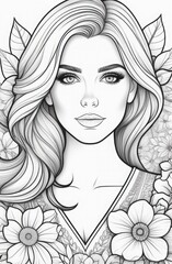 Artistic black and white line drawing of a gorgeous woman with floral headdress, emanating a captivating allure
