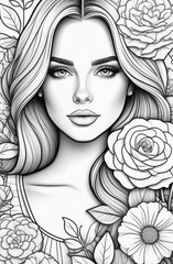 Stylized portrait of a beautiful woman with flowing hair surrounded by a floral pattern in a line art style.