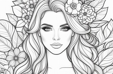 Fototapeta premium A monochrome illustration of an elegant woman surrounded by detailed flowers and leaves, exuding a serene grace