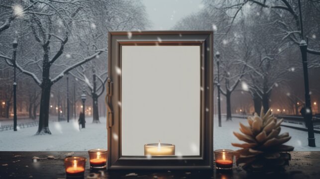 Wooden photo frame template, winter theme with snowy outdoor background