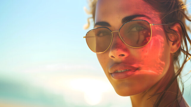 Woman with Sunglasses and Sunlight Reflections on Face