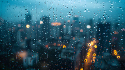 Raindrops on Window with Blurred City Lights Background