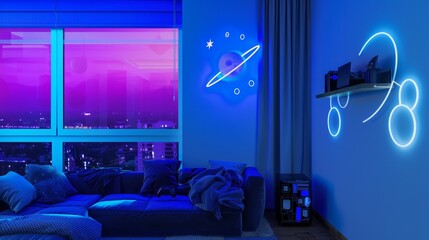 Neon Gaming Setup in Modern Living Room at Twilight