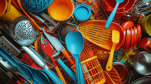 An abstract composition of colorful kitchen utensils neatly arranged in a stainless steel container