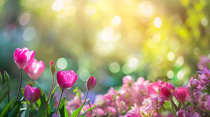 Vibrant Pink Tulips in Spring Bloom with Sunlight Flare