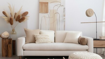 Neutral Toned Living Room with Abstract Wall Art and Textured Pillows