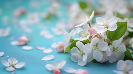 Fresh White Apple Blossoms on a Bright Blue Background