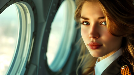 Fototapeta premium Professional Female Flight Attendant Smiling in Aircraft Cabin