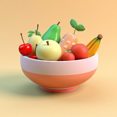 Clay Fruit Bowl 3d Icon, Bowl of Plastic Fruits, Simple Cute Side View 3d Fruit, Minimal Clay