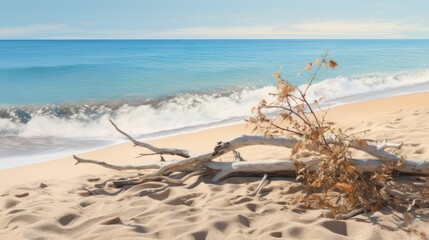 Fototapeta na wymiar Beach view with tree branch trash on the sand blue light sky background nature wallpaper.
