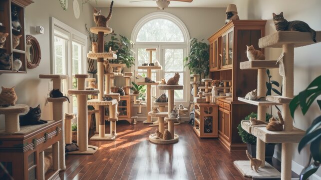 a nice house adorned with multiple cat trees, each occupied by contented felines lounging and playing amidst the comfortable surroundings.