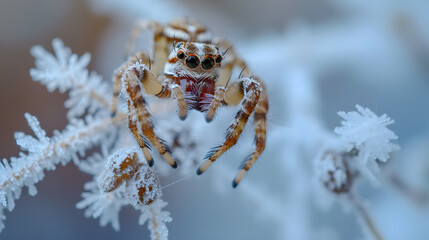 Macro Photography of Jumping Spider on Frosted Plants