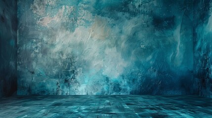 Immerse yourself in the tranquility of nature as a mesmerizing teal painting adorns a wooden floor against a serene blue wall - obrazy, fototapety, plakaty