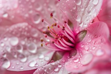 A vibrant pink blossom glistens with delicate dew drops, its petals adorned with the refreshing essence of rain and the nourishing touch of nature