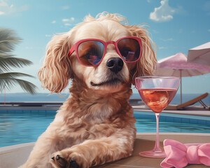 ai generated dog wearing glasses, drinking cocktail on a beach