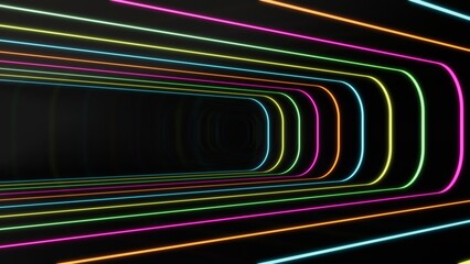 3d render, abstract panoramic neon background. Bright colorful lines shine. 3d rendering illustration