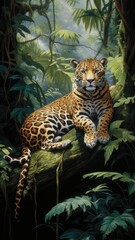 jaguars lounging gracefully on a sturdy tree branch, their sleek bodies blending seamlessly with the lush foliage of the surrounding jungle, exuding power and tranquility.