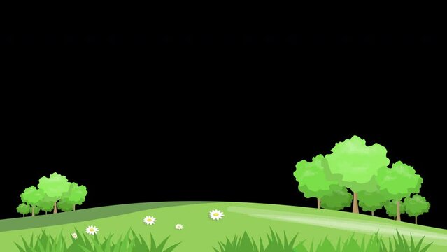 Animated nature view isolated on black background. Spring or summer green garden animation with daisy flowers. green fresh trees and fresh grass motion graphic design element.