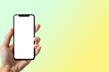 woman's hand with a smartphone with transparent PNG screen ideal to include corporate branding, logo and commercial image. light matte pastel color background. technology concept, we are connected