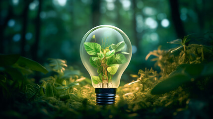 A photo featuring a light bulb containing a plant, showcasing the unique combination of nature and technology, sustainability concept