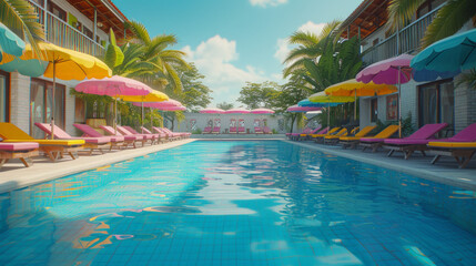 A detailed view of a well-kept swimming pool surrounded by lounge chairs and colorful umbrellas