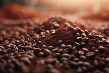 Glistening Coffee Beans and Grounds Under Warm Light