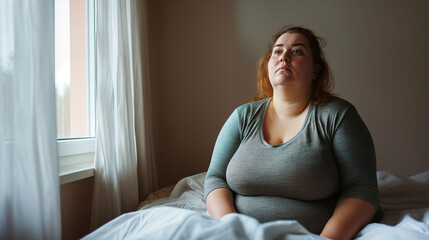 Obraz premium Mid aged lonely overweight woman feeling depressed and stressed sitting on the bed with sad look near a window, bullying, negative emotion and mental health concept, copy space.