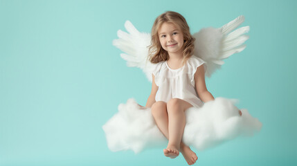 Baby Angel Wings, Angelic Cupid Kid, adorable girl Child sitting and posing at Blue Sky Cloud, with copy space.