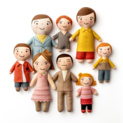 toy doll family made of felt fabric. Cute characters. People. Relatives. Friends. Neighbors. white background - obrazy, fototapety, plakaty