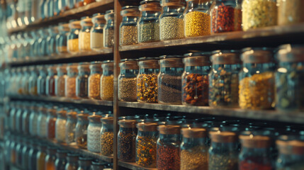 A well-organized and labeled spice rack featuring an array of glass jars filled with various spices