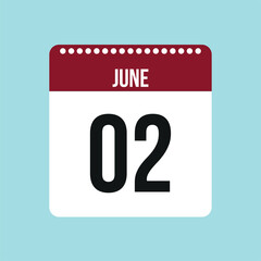 2 June calendar vector icon. Red and black June date for the days of the month and the week on a light background