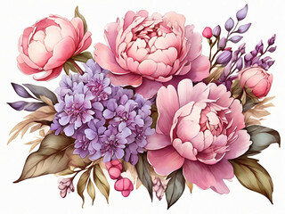A watercolor illustration of a Bouquet of lilacs and peonies isolated on a white background