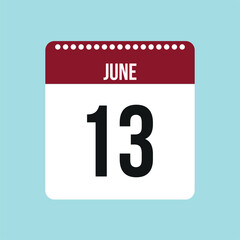 13 June calendar vector icon. Red and black June date for the days of the month and the week on a light background