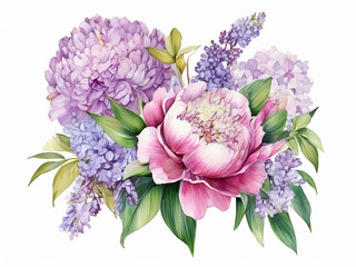 A watercolor illustration of a Bouquet of lilacs and peonies isolated on a white background