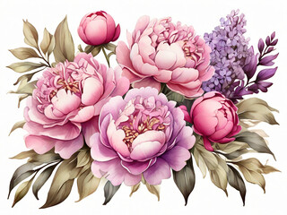 A watercolor illustration of a Bouquet of lilacs and peonies isolated on a white background