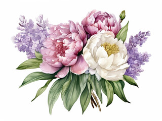 A watercolor illustration of a Bouquet of lilacs and peonies isolated on a white background