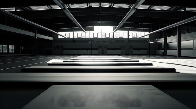 Dramatic Shadows and Light in an Empty Olympic Gymnastics Training Space, a Monochrome Image Capturing the Essence of Preparation and Potential