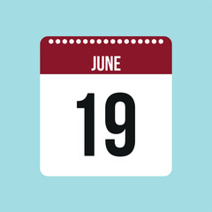 Fototapeta premium 19 June calendar vector icon. Red and black June date for the days of the month and the week on a light background