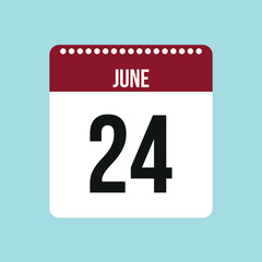 24 June calendar vector icon. Red and black June date for the days of the month and the week on a light background