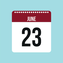 23 June calendar vector icon. Red and black June date for the days of the month and the week on a light background