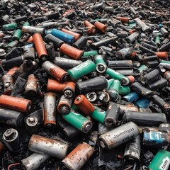Battery waste danger. Pile of old used EV car batteries toxic waste chemicals lead leak impact nature no recycled.