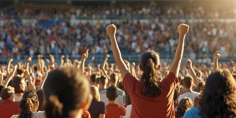 A crowd of fans at a competition event in a stadium, with arms in the air, sharing the fun and...