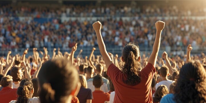 A crowd of fans at a competition event in a stadium, with arms in the air, sharing the fun and entertainment of watching a soccer game. AIG41
