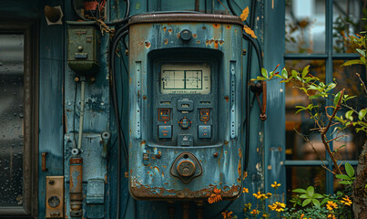Rustic electric power meter on a blue wall - obrazy, fototapety, plakaty