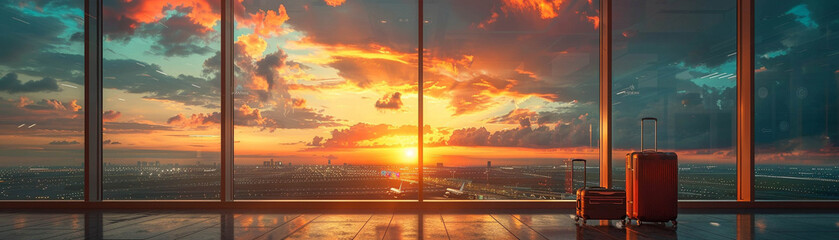 Sunset view from an airport lounge with a solitary suitcase - obrazy, fototapety, plakaty