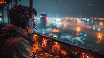 A focused air traffic controller monitors flights from the tower at night