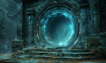 An ancient portal emits a mysterious blue glow amidst ruins - obrazy, fototapety, plakaty