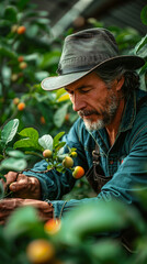 A farmer attentively prunes a fruit tree