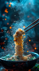 Steaming noodles are lifted with chopsticks, a burst of warmth in cool hues